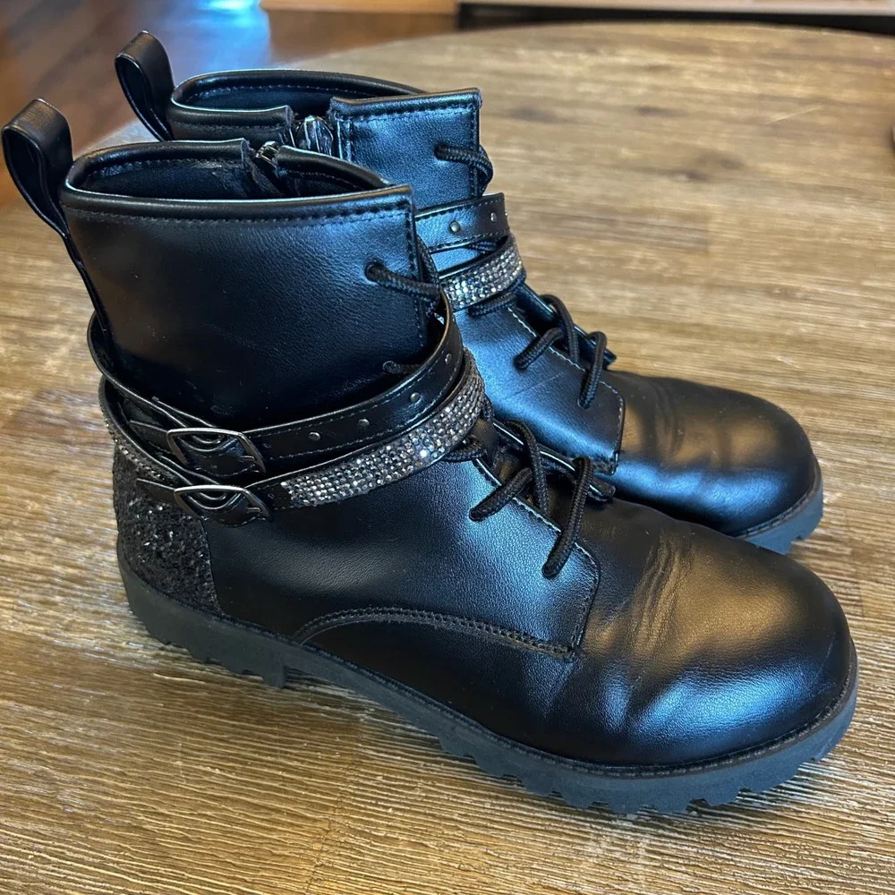 Mix No. 6 Combat Boots Kids 3 Black Excellent Rhinestone Glitter Lug‎ Sole Zip